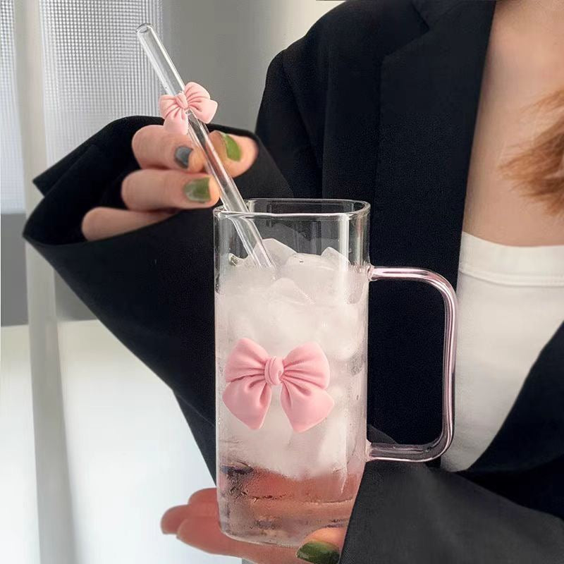Pink Bow Glass Mug with Lid & Straw – 400ml