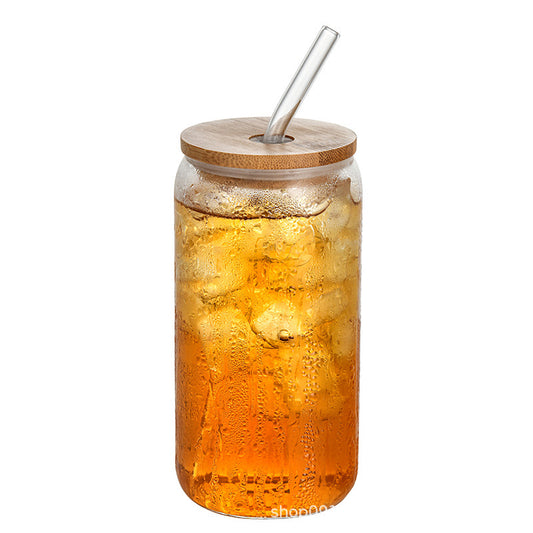 Eco-Friendly Glass Can Cup with Bamboo Lid & Glass Straw(500ml)