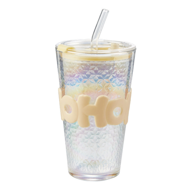 Ribbed Glass Drinking Cup with Straw & Lid -450ml
