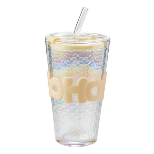 Ribbed Glass Drinking Cup with Straw & Lid -450ml
