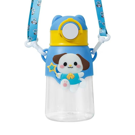 Adorable Cartoon Character Water Bottle with Straw & Shoulder Strap