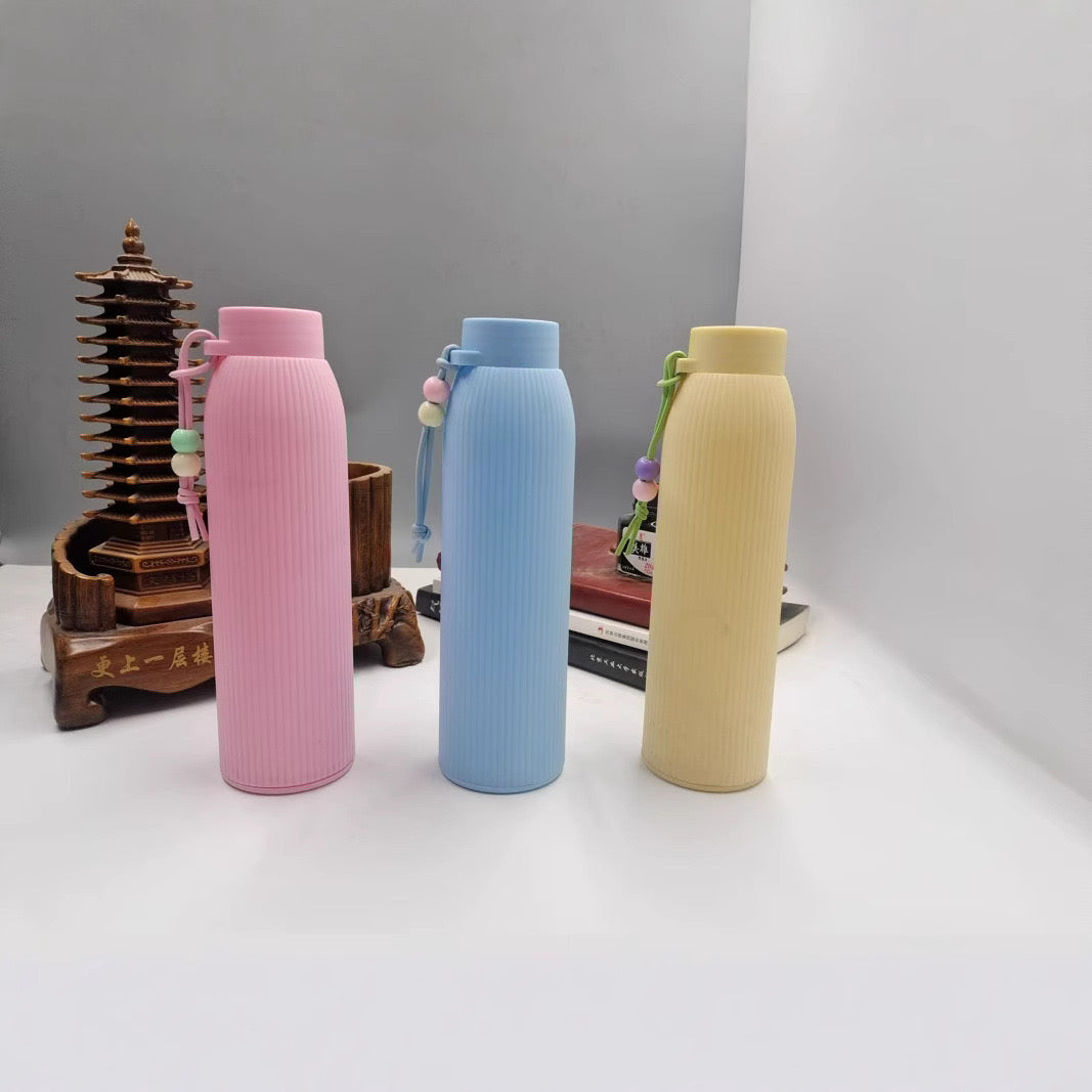 Ribbed Glass Water Bottle with Silicone Sleeve & Beaded Tassel