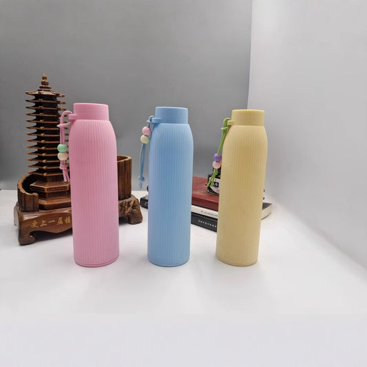 Ribbed Glass Water Bottle with Silicone Sleeve & Beaded Tassel