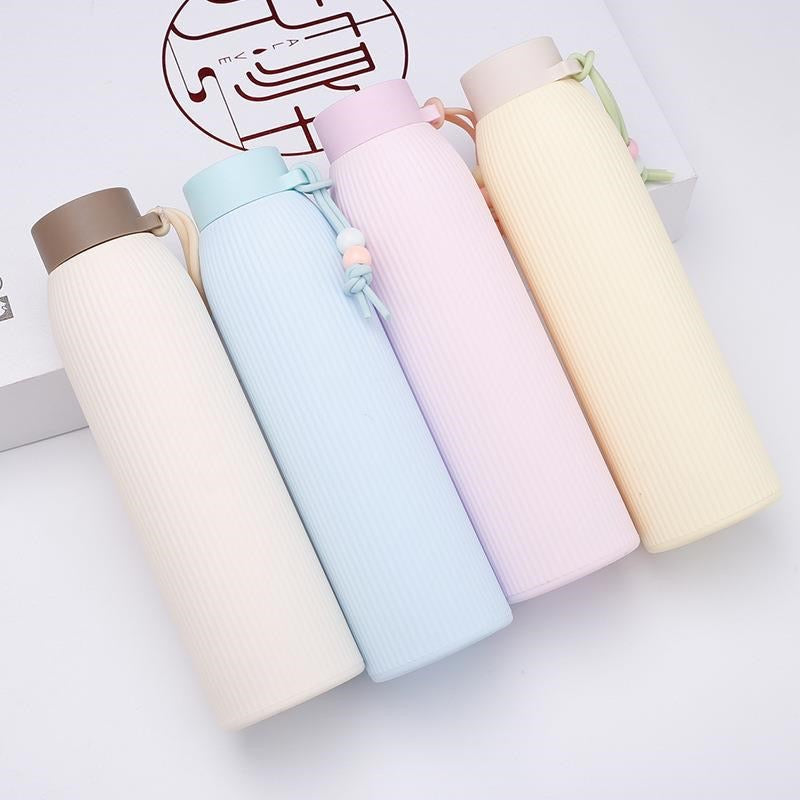 Ribbed Glass Water Bottle with Silicone Sleeve & Beaded Tassel