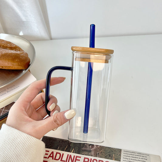 Aesthetic Square Glass Mug with Colored Handle & Bamboo Lid | Reusable Glass Tumbler