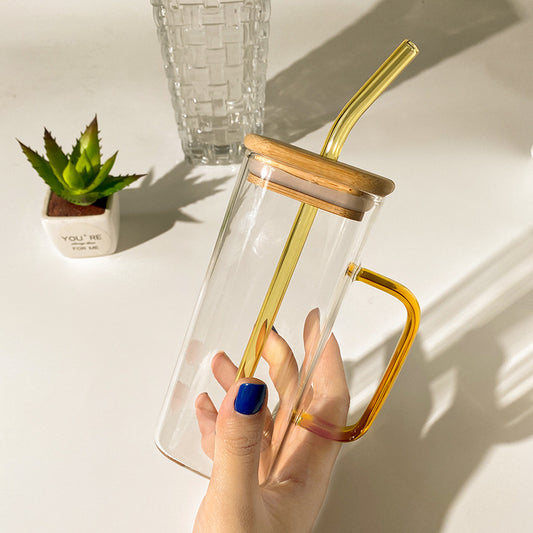 Aesthetic Square Glass Mug with Colored Handle & Bamboo Lid | Reusable Glass Tumbler