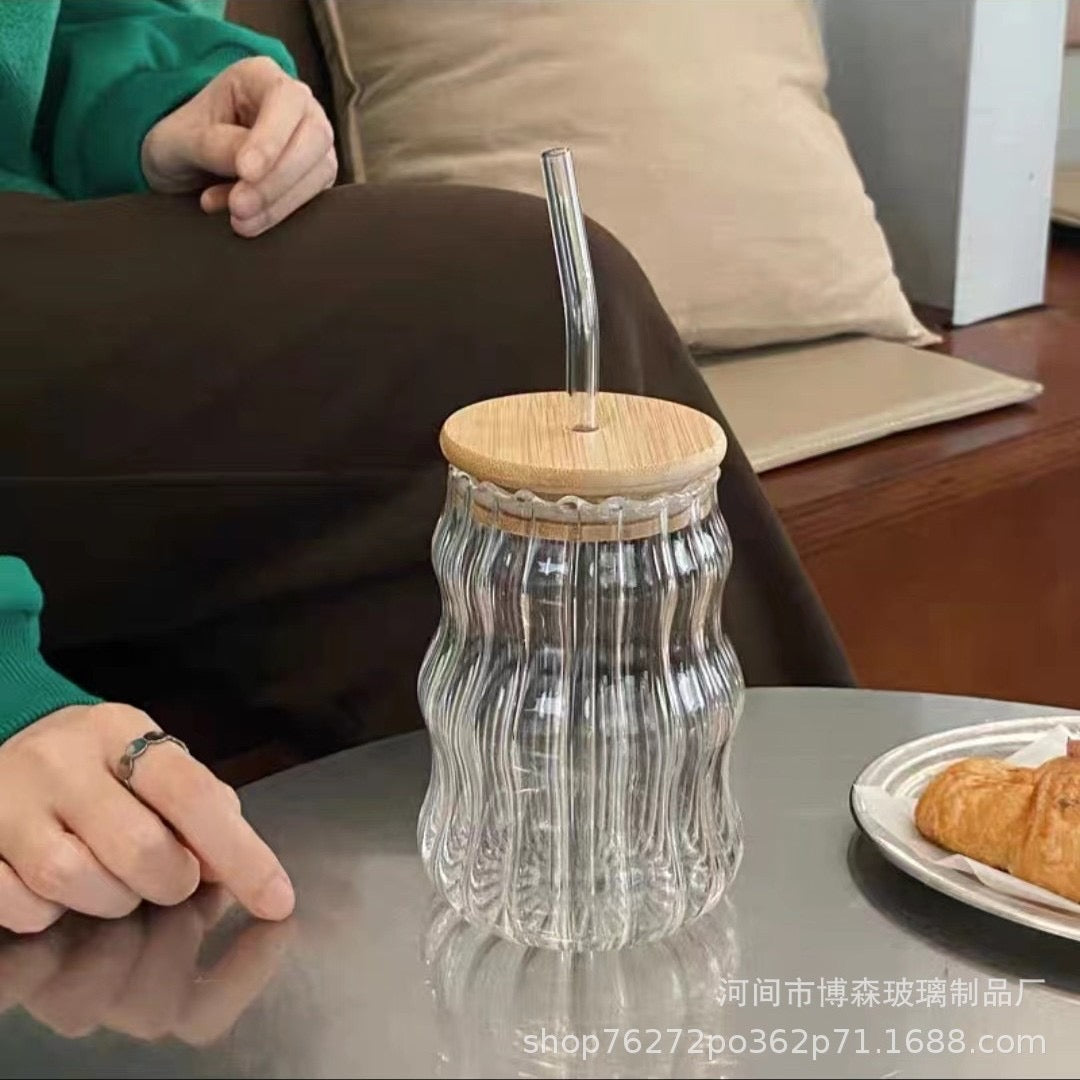 Wavy Ribbed Glass Tumbler with Bamboo Lid & Glass Straw | Aesthetic Drinkware (510ml)