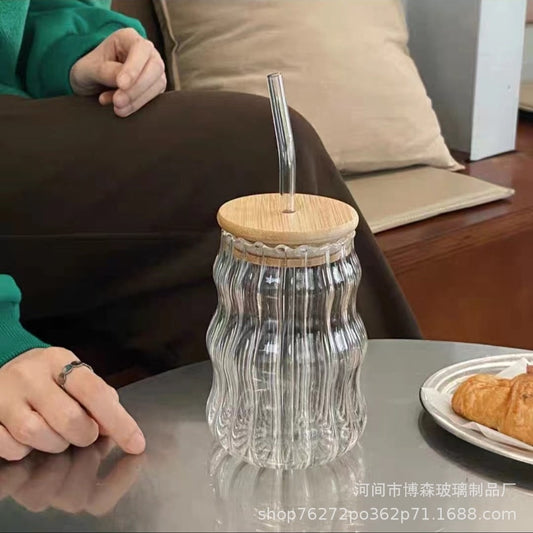 Wavy Ribbed Glass Tumbler with Bamboo Lid & Glass Straw | Aesthetic Drinkware (510ml)