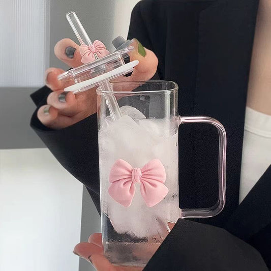 Bow Glass Mug with Lid & Straw – 400ml