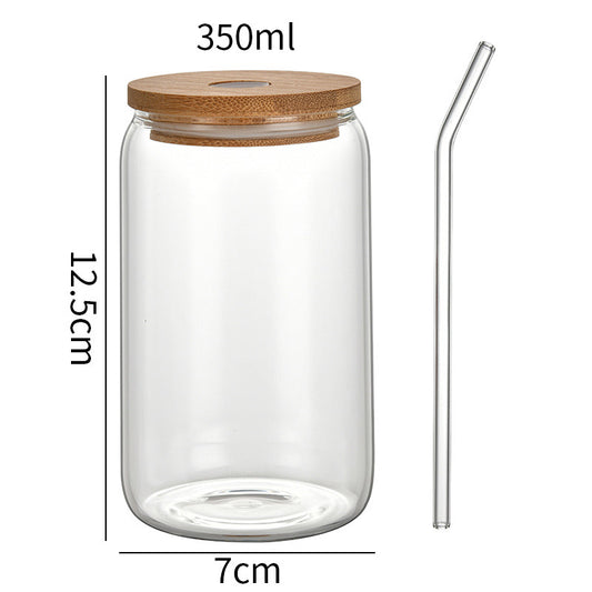 Glass Can Shaped Tumbler with Bamboo Lid and Glass Straw - 350ml