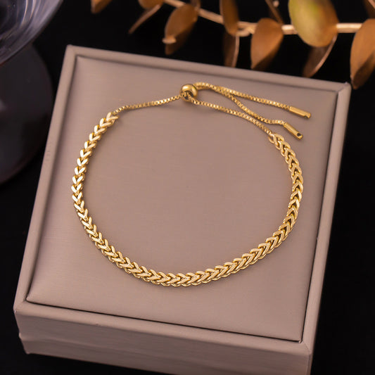 Gold Plated Titanium Wheat Chain Bracelet | Adjustable Bolo Style