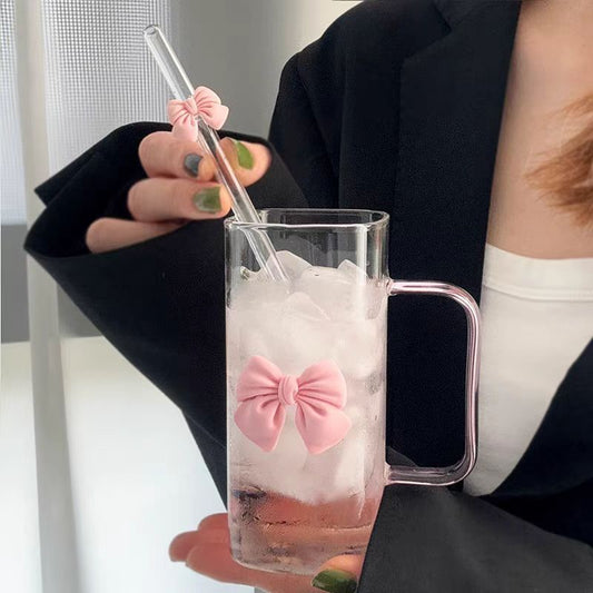 Pink Bow Glass Mug with Lid & Straw – 400ml