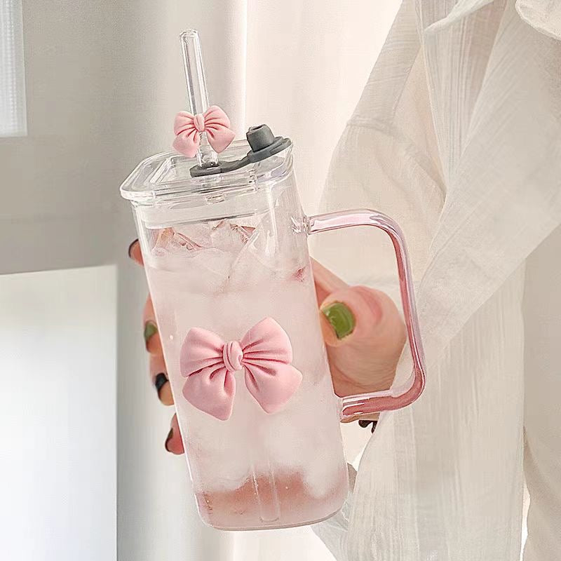 Pink Bow Glass Mug with Lid & Straw – 400ml