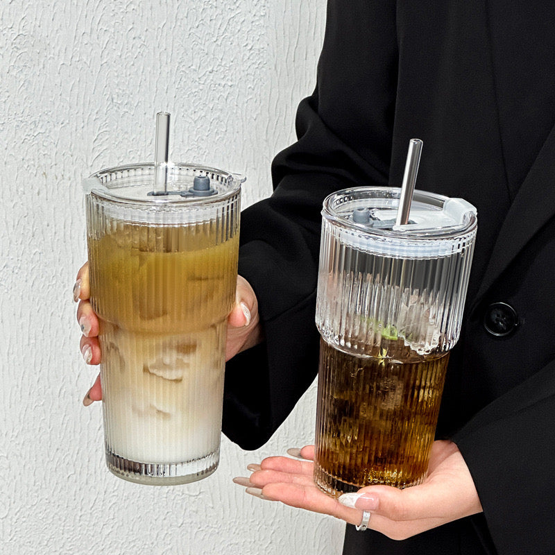 Ribbed Glass Tumbler with Lid & Straw – 500ml