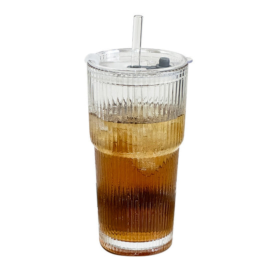 Ribbed Glass Tumbler with Lid & Straw – 500ml