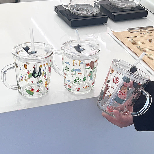 Charming Illustrated Glass Mugs with Lids and Straws